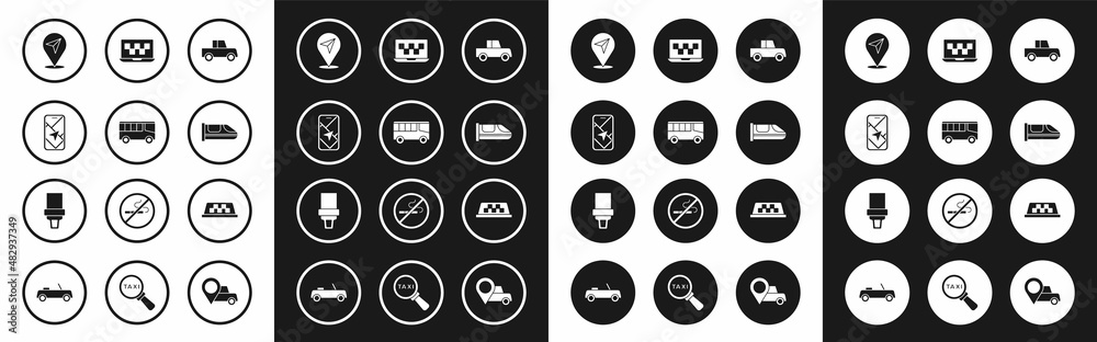 Set Car, Bus, City map navigation, Location, High-speed train, Laptop call taxi service, Taxi car roof and Safety belt icon. Vector