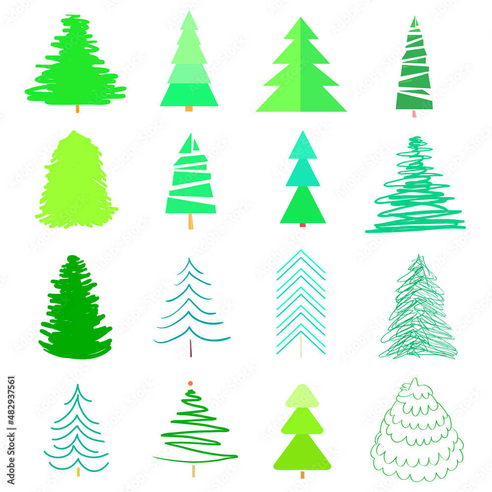 Obraz premium Сolored christmas trees on white. Set for design on isolated background. Geometric art. Universal colored collection