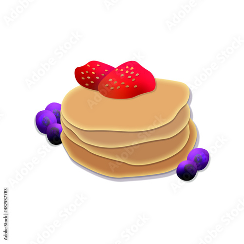 3d stack of pancakes with blueberries. food menu. Strawberries and blueberries with desert. Sweet card.