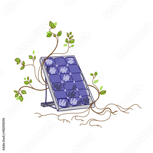 Solar panel with branches and leaves drawn in sketch style vector illustration on a white background.Sustainable energy concept.Green energy