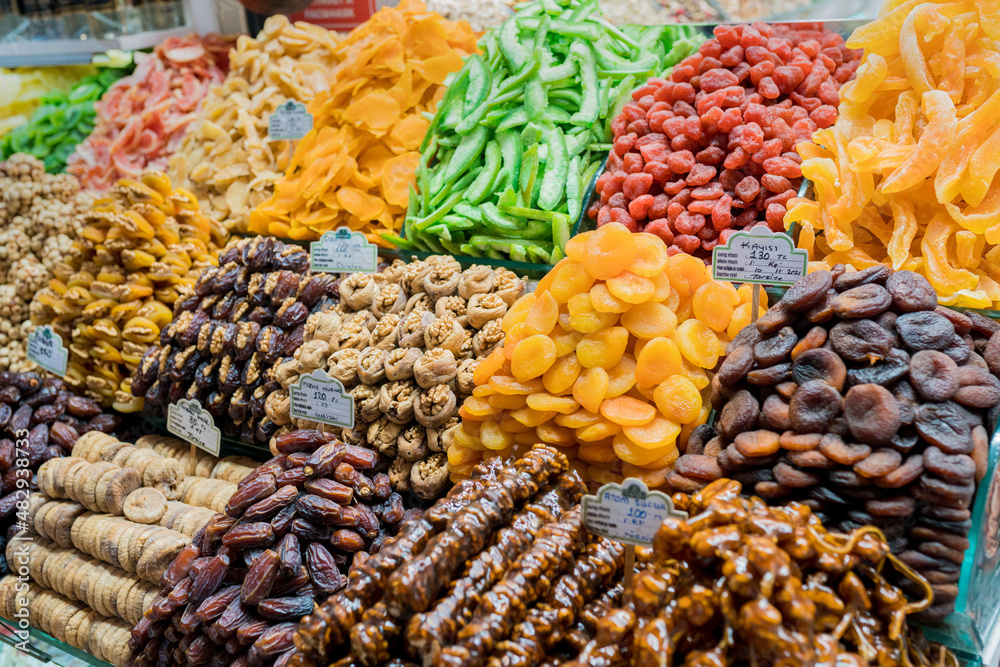 Variety of dried fruits, wallnut, nut, juchkhela and pistachio at Egyptian Bazaar in Istanbul