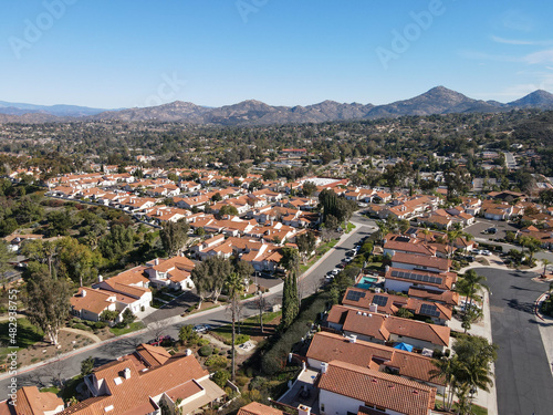  Aerial view over the suburb of San Diego in South of Rancho Bernardo, South California, USA. 