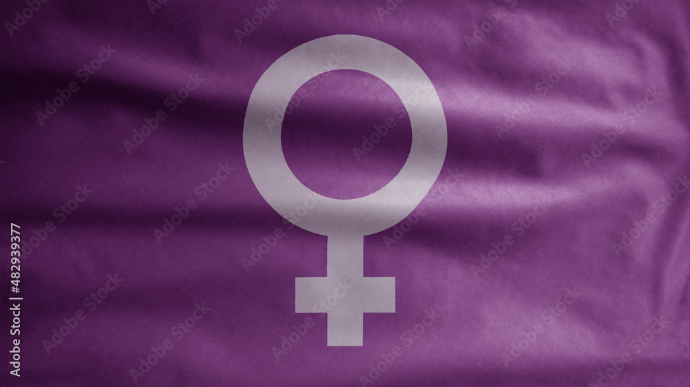 Woman gender sign with purple flag blowing soft silk. Feminism symbol concept Woman gender sign with purple flag blowing soft silk. Feminism symbol concept