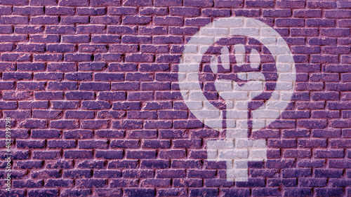 Drawing of strong fist raised up with woman gender with copy space aside on wall