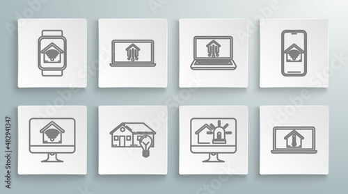 Set line Computer monitor with smart home with wi-fi, Laptop, Smart house and light bulb, alarm, temperature, Mobile phone and watch icon. Vector