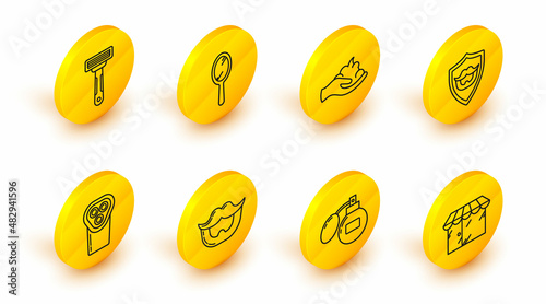 Set line Barbershop building, Aftershave, Mustache and beard, Electrical hair clipper or shaver, on shield, Shaving gel foam hand, Hand mirror and razor icon. Vector