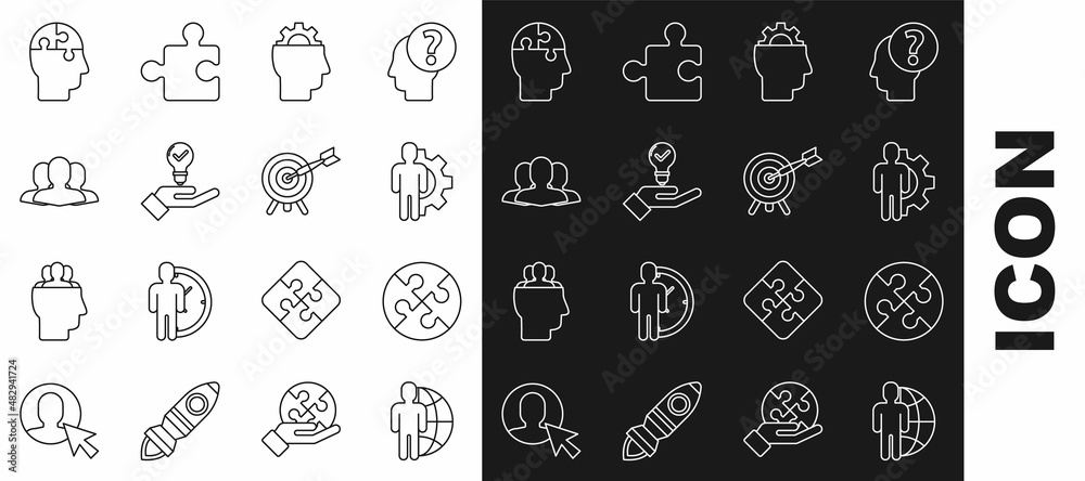 Set line Globe and people, Piece of puzzle, Human with gear inside, Light bulb hand, Users group, head puzzles strategy and Target arrow icon. Vector