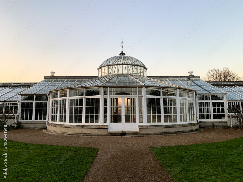 Facade of Grade1 listed greenhouse housing historic camelia plants at Chiswick House and Gardens in West London. Twilight, sunset, wisteria trees along the wall, green grass in front of building 