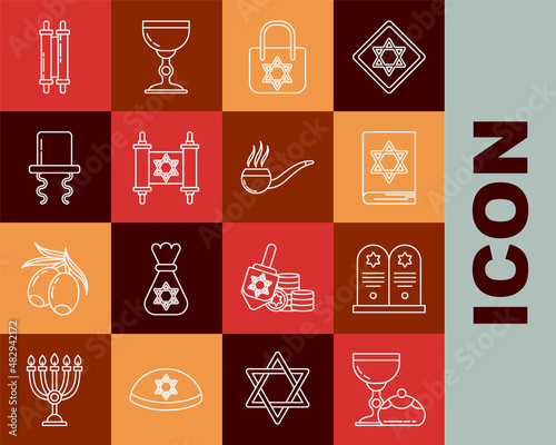 Set line Jewish goblet and hanukkah sufganiyot, Tombstone with star of david, torah book, Shopping bag, Torah scroll, Orthodox jewish hat sidelocks, and Smoking pipe smoke icon. Vector