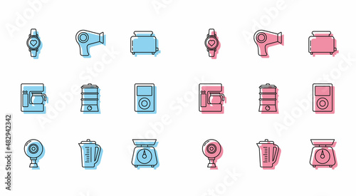 Set line Web camera, Measuring cup, Smart watch showing heart beat rate, Scales, Double boiler, Music player, Coffee machine with glass pot and Hair dryer icon. Vector