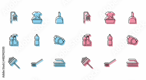 Set line Squeegee, scraper, wiper, Toilet brush, Shower head with water drops flowing, Brush for cleaning, Plastic bottles liquid dishwashing liquid, Washing dishes, and basin soap suds icon. Vector