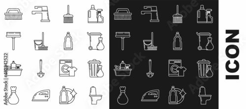 Set line Toilet bowl, Trash can and garbage bag, Handle broom, Mop bucket, Squeegee, scraper, wiper, Brush for cleaning and Plastic bottles liquid dishwashing liquid icon. Vector