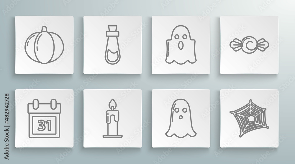 Set line Calendar with Halloween date 31 october, Bottle potion, Burning candle, Ghost, Spider web, Candy and Pumpkin icon. Vector Set line Calendar with Halloween date 31 october, Bottle potion, Burning candle, Ghost, Spider web, Candy and Pumpkin icon. Vector
