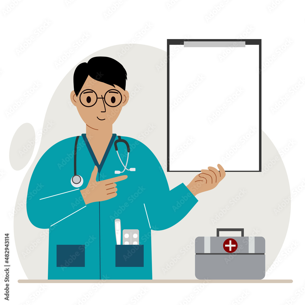 Smiling man doctor holding a file with blank paper for text. Vector Smiling man doctor holding a file with blank paper for text. Vector