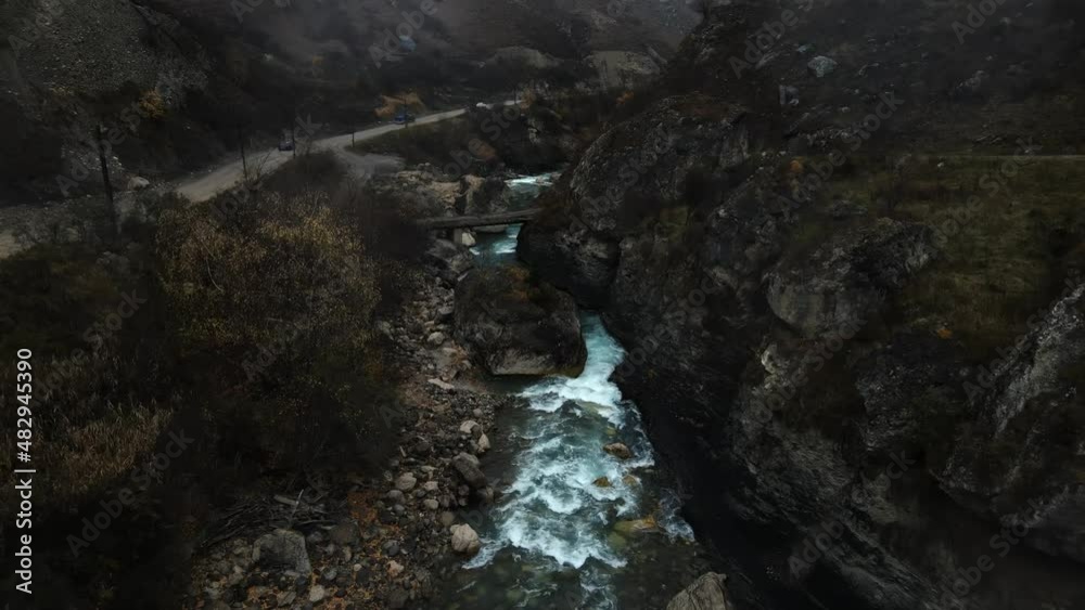 mountain rivers Chegem Gorge in the Caucasus Mountains drone shooting nature landscapes cloudy weather