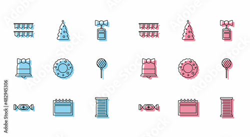 Set line Candy, Calendar, Carnival garland with flags, Christmas wish list template, wreath, Lollipop, Merry ringing bell and tree decorations icon. Vector