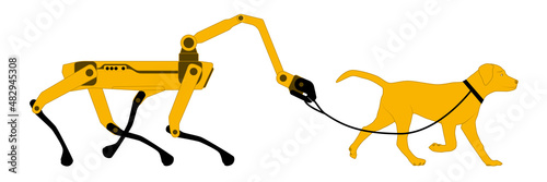 The robot dog walks on a leash dog. The concept of robotic assistants