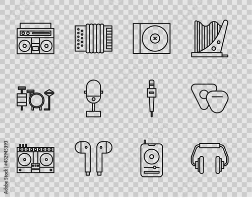 Set line DJ remote for playing and mixing music, Headphones, CD DVD disk, Air headphones, Home stereo with two speakers, Microphone, Music player and Guitar pick icon. Vector