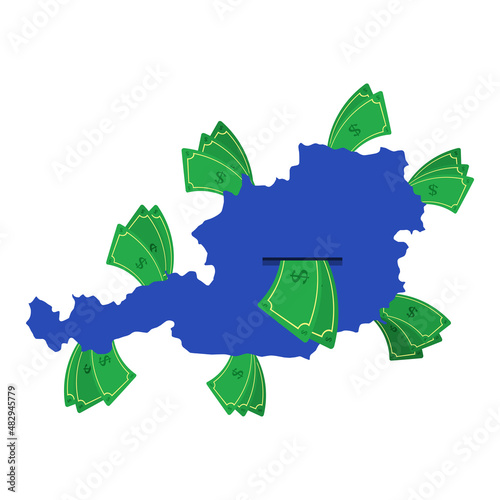 Austria map in blue with money bills around. Money leaving the center of the country. Economy of austrian country. White background. Isolated.