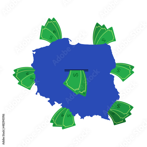 Poland map in blue with money bills around. Money leaving the center of the country. Economy of Polish country. White background. Isolated.