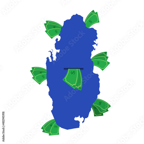Qatar map in blue with money bills around. Money leaving the center of the country. Economy of Qatari country. White background. Isolated.