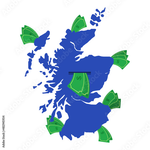 Scotland map in blue with money bills around. Money leaving the center of the country. Economy of Scottish country. White background. Isolated.
