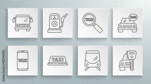 Set line Taxi call telephone service, Petrol or Gas station, car roof, Tram and railway, Car rental, Magnifying glass taxi, and Bus icon. Vector