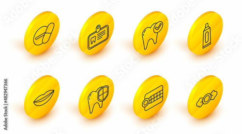 Set line Candy, Dentures model, Dental protection, Smiling lips, Tube of toothpaste, Tooth whitening concept, Id card with and Medicine pill or tablet icon. Vector