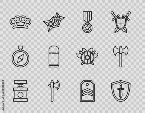 Set line Handle detonator for dynamite, Medieval shield with sword, Military reward medal, axe, Brass knuckles, Cartridges, Chevron and icon. Vector