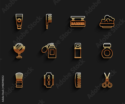 Set line Shaving brush, Blade razor, Cream lotion cosmetic tube, Hairbrush, Scissors hairdresser, Aftershave bottle with atomizer, and gel foam icon. Vector
