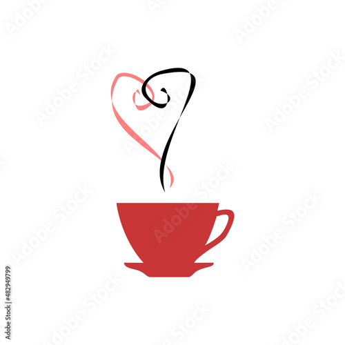 Hot coffee cup with pink and black heart steam line icon on black background.