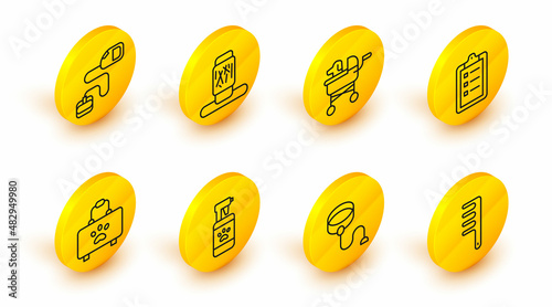 Set line Hair brush for dog and cat, Retractable cord leash, Pet shampoo, first aid kit, Grooming salon price list, stroller, Cat scratching post and icon. Vector