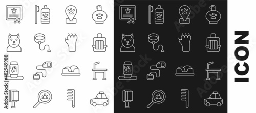 Set line Pet car taxi, grooming table, carry case, Location pet, Retractable cord leash, Cat, Certificate for dog and Paw print icon. Vector