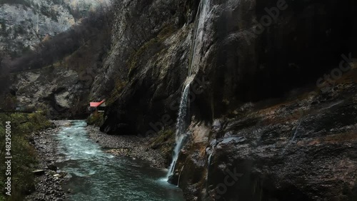 Chegem Waterfalls gorge Caucasian Mountains drone shooting nature landscapes cloudy weather mountain rivers