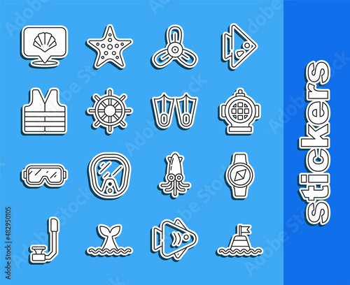 Set line Floating buoy on the sea, Compass, Aqualung, Boat propeller, turbine, Ship steering wheel, Life jacket, Scallop shell and Rubber flippers icon. Vector