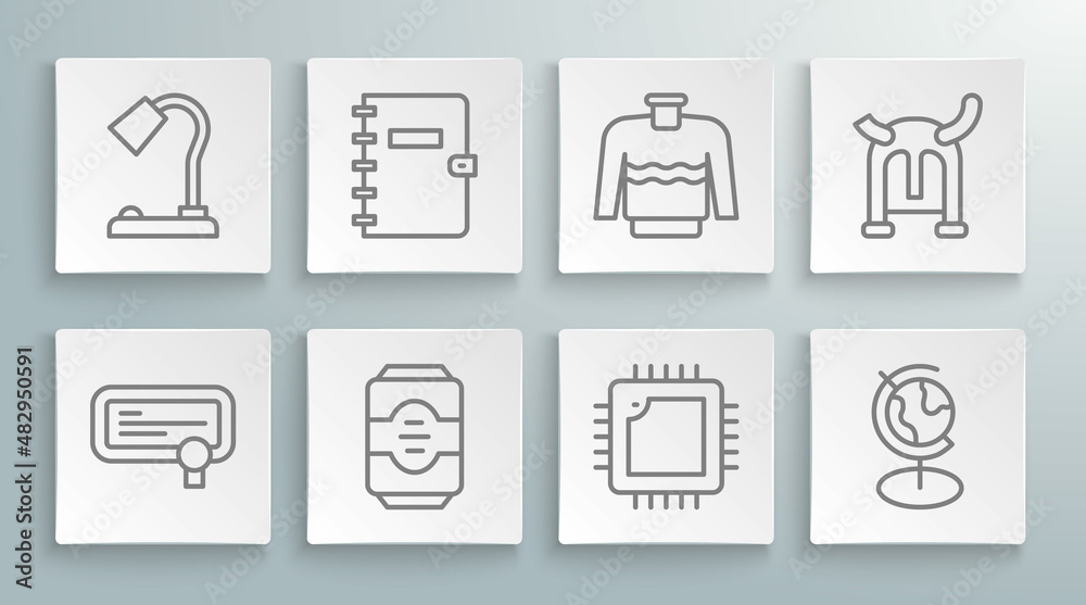 Set line Certificate template, Spiral notebook, Energy drink, Processor with CPU, Earth globe, Sweater, Viking horned helmet and Table lamp icon. Vector Set line Certificate template, Spiral notebook, Energy drink, Processor with CPU, Earth globe, Sweater, Viking horned helmet and Table lamp icon. Vector
