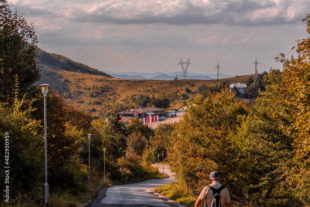 A tourist and a landscape of Balkan Mountains, Bulgaria