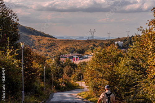 A tourist and a landscape of Balkan Mountains, Bulgaria © Radoslav