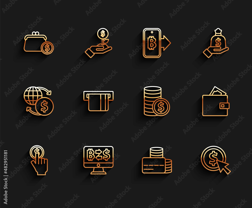 Set line Hand holding coin, Cryptocurrency exchange, Wallet with coins, Credit card, Coin money dollar, inserted, and icon. Vector Set line Hand holding coin, Cryptocurrency exchange, Wallet with coins, Credit card, Coin money dollar, inserted, and icon. Vector