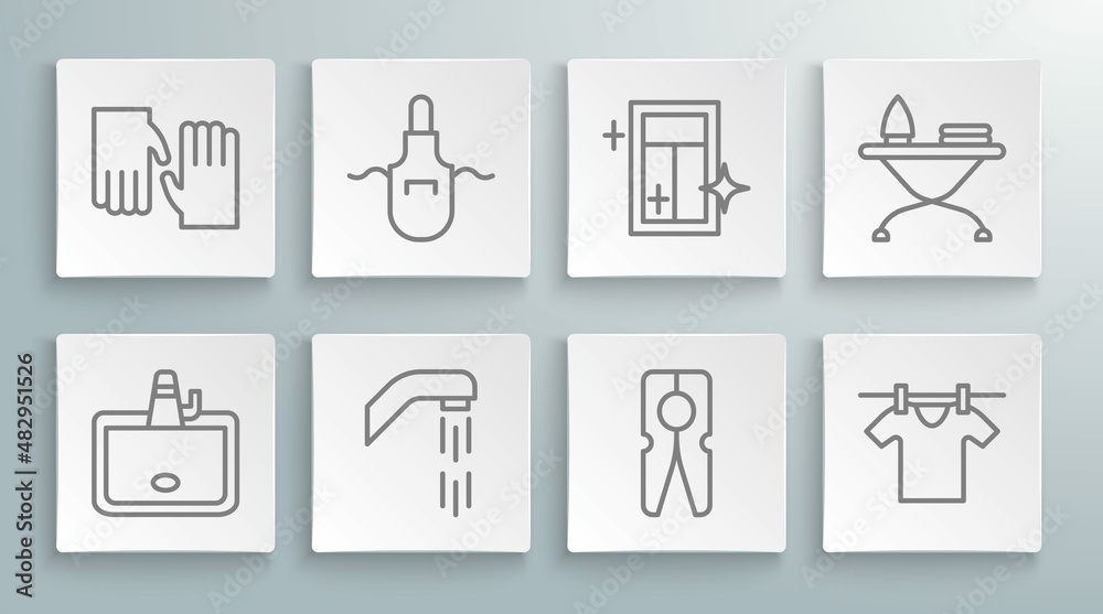 Set line Washbasin, Kitchen apron, Shower head, Clothes pin, Drying clothes, Cleaning service for window, Iron and ironing board and Rubber gloves icon. Vector Set line Washbasin, Kitchen apron, Shower head, Clothes pin, Drying clothes, Cleaning service for window, Iron and ironing board and Rubber gloves icon. Vector