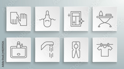 Set line Washbasin, Kitchen apron, Shower head, Clothes pin, Drying clothes, Cleaning service for window, Iron and ironing board and Rubber gloves icon. Vector