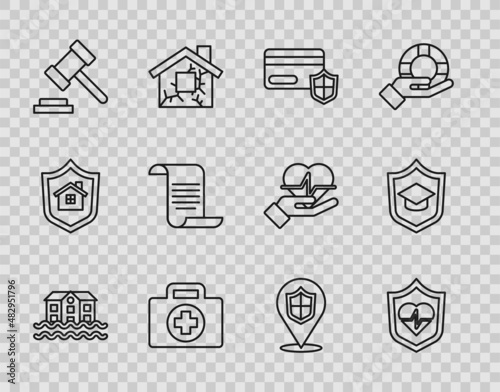 Set line House flood, Life insurance with shield, Credit card, First aid kit, Judge gavel, Document, Location and Graduation cap icon. Vector
