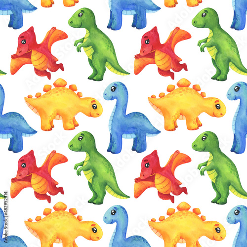 Fototapeta Naklejka Na Ścianę i Meble -  Seamless pattern with colorful dinosaurs. Tyrannosaurus, pterodactyl, stegosaurus, diplodocus on a white background. Children's dino print in cartoon style for fabric, paper, wallpaper