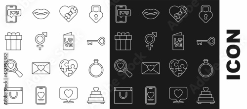 Set line Wedding cake with heart, Diamond engagement ring, Key shape, Candy shaped box, Gender, Gift, Mobile and Valentines day party flyer icon. Vector