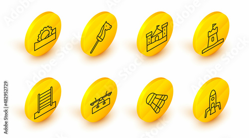Set line Rocket ship, Badminton shuttlecock, Seesaw, Swedish wall, Sand tower, castle, Toy horse and Ferris wheel icon. Vector