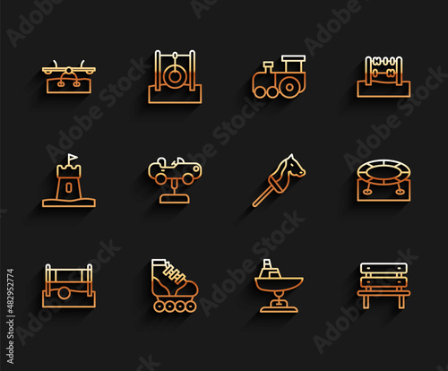 Set line Volleyball net with ball, Roller skate, Seesaw, Swing boat, Bench, car, Jumping trampoline and Toy horse icon. Vector
