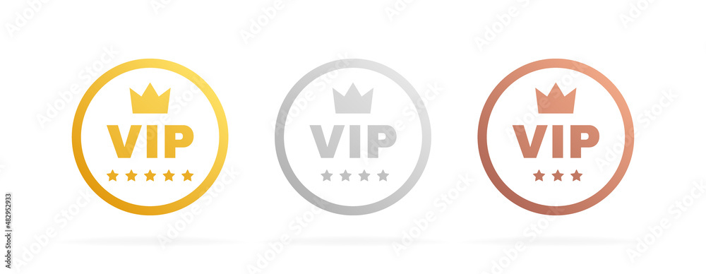 Set VIP badges in gold, silver and bronze color. Round label with three vip level. Modern vector illustration - obrazy, fototapety, plakaty 