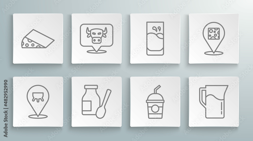 Set line Udder, Cow head, Drinking yogurt in bottle, Milkshake, jug or pitcher, Glass with milk, Cheese and icon. Vector Set line Udder, Cow head, Drinking yogurt in bottle, Milkshake, jug or pitcher, Glass with milk, Cheese and icon. Vector