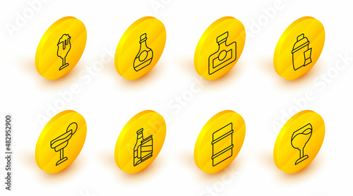 Set line Wine glass, Metal beer keg, Beer bottle and can, Cocktail, shaker, Alcohol drink Rum, Bottle of cognac or brandy and Glass icon. Vector