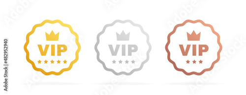 Set VIP badges in gold, silver and bronze color. Round label with three vip level. Modern vector illustration photo